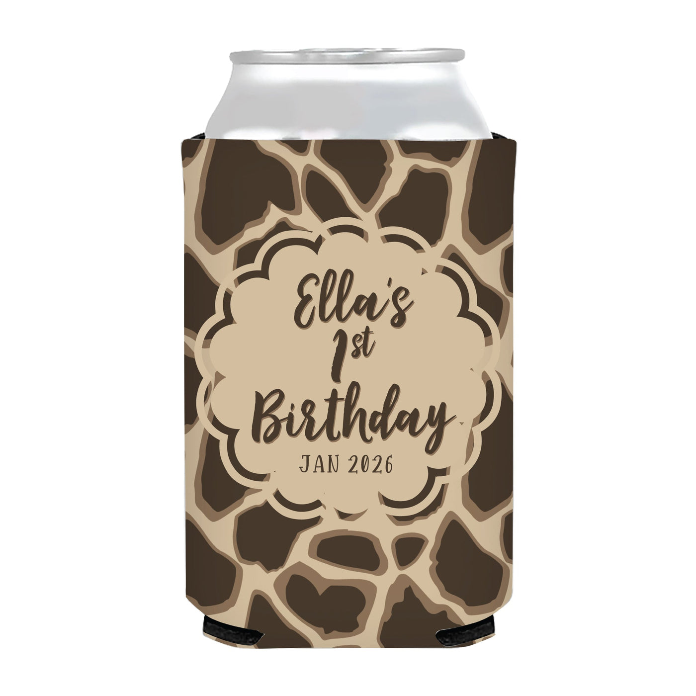 Giraffe Print Full Color Birthday Party Can Coolers, Multi Color Safari Birthday Favors, Any Age