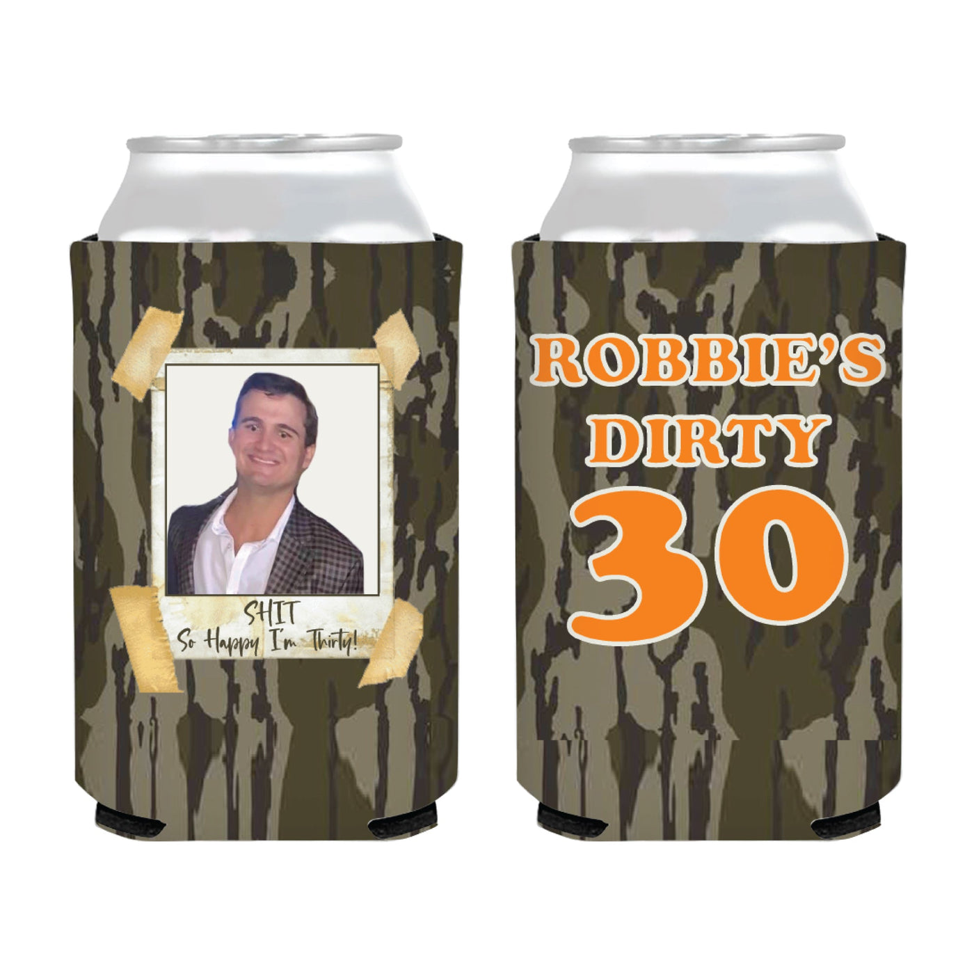 Custom Multi Color Photo Print Birthday Can Coolers, Dirty 30 Birthday Favors, Any Age