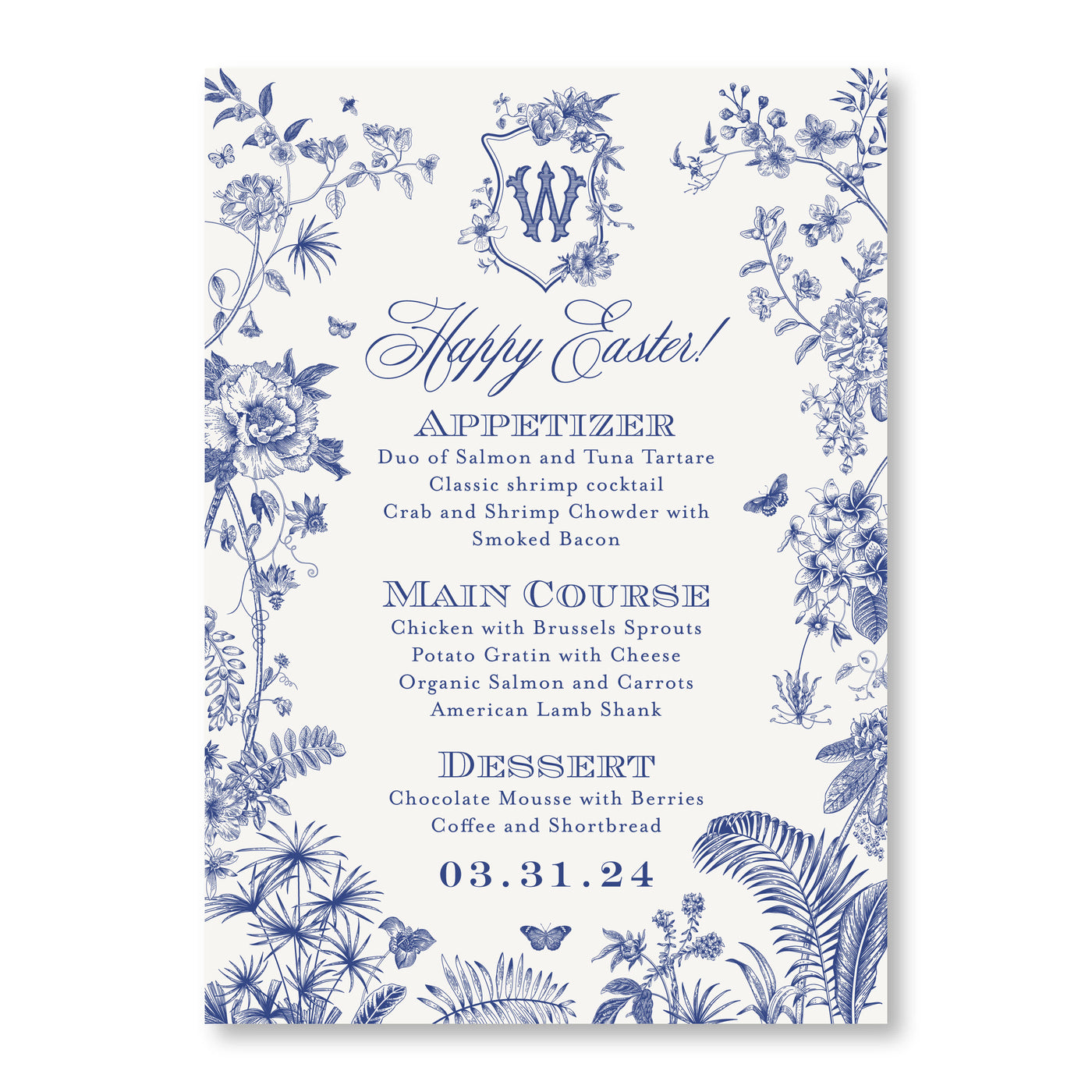 Floral Formal Easter Menu with Monogram Crest