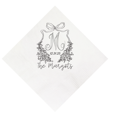 Floral Bow Crest Hand Drawn Wedding Napkin