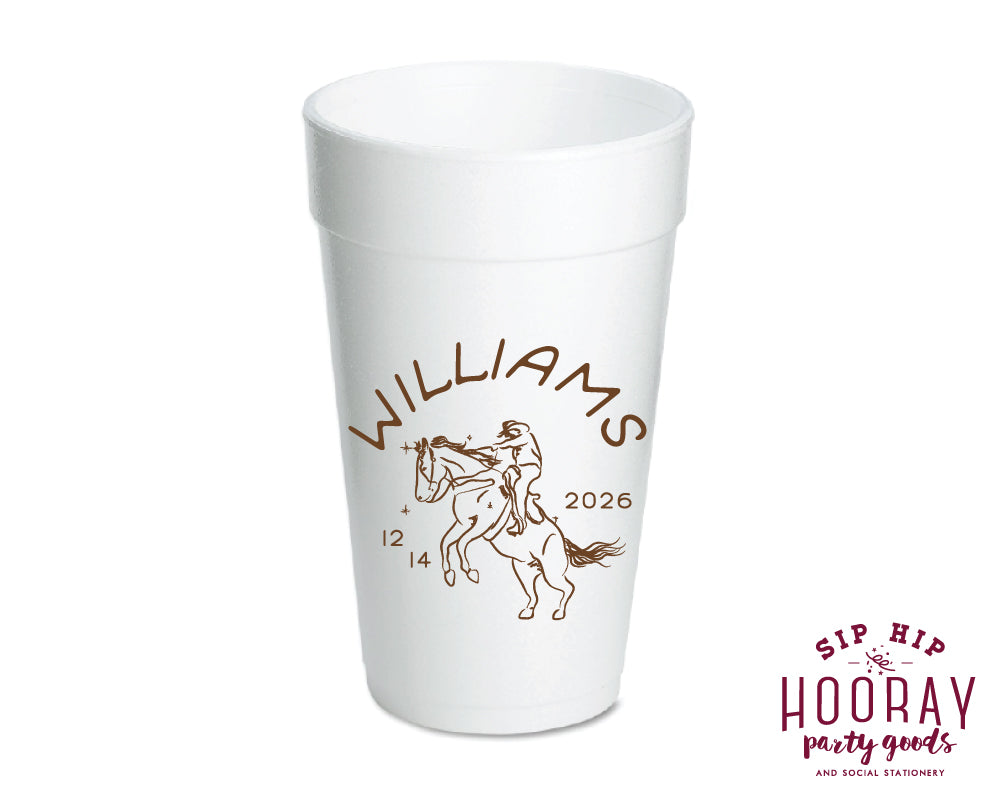 Bucking Bronco Last Name Foam Cups