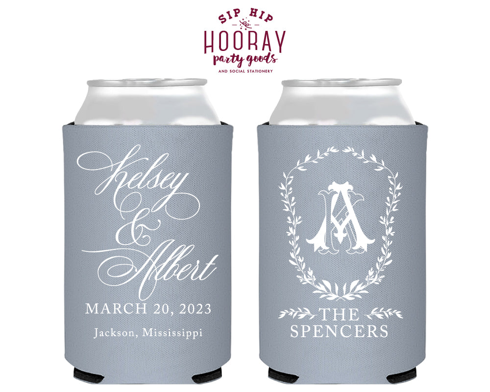 Formal Floral Crest Monogram Wedding Can Cooler, #3007