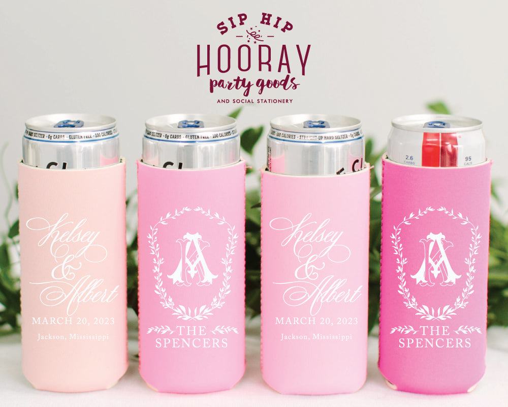 Formal Floral Crest Monogram Wedding Foam Slim Can Coolers, #3007