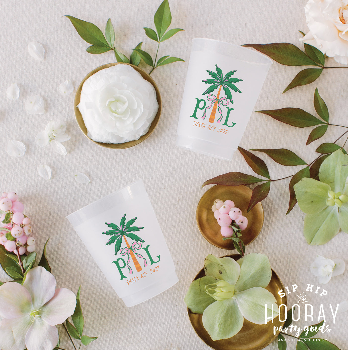 At Home Collection | Palm Tree Bow Full Color Frosted Cups
