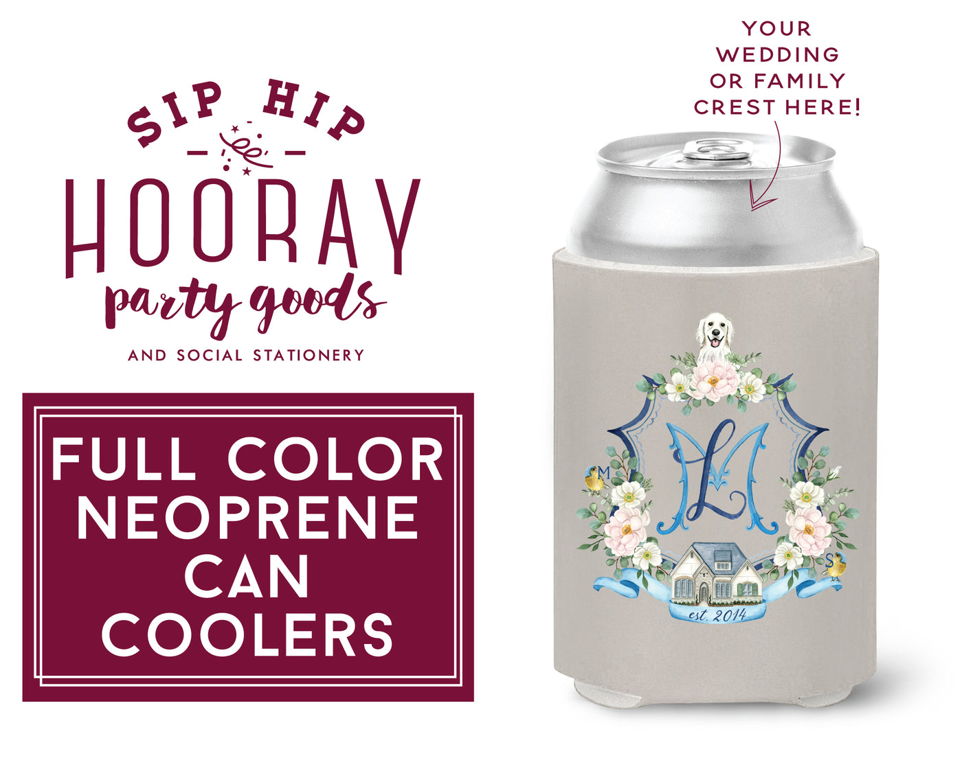 Custom Wedding Crest Neoprene Can Coolers, Multi Color Print Can Coolers, Personalized Party Favor, Bachelorette, Birthday