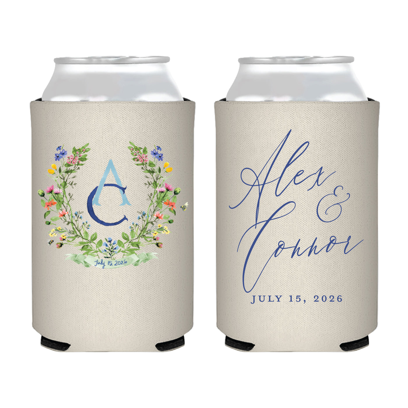 Full Color Wedding Can Coolers, Monogram Crest Multi Color Can Hugger, Reception Can Cooler