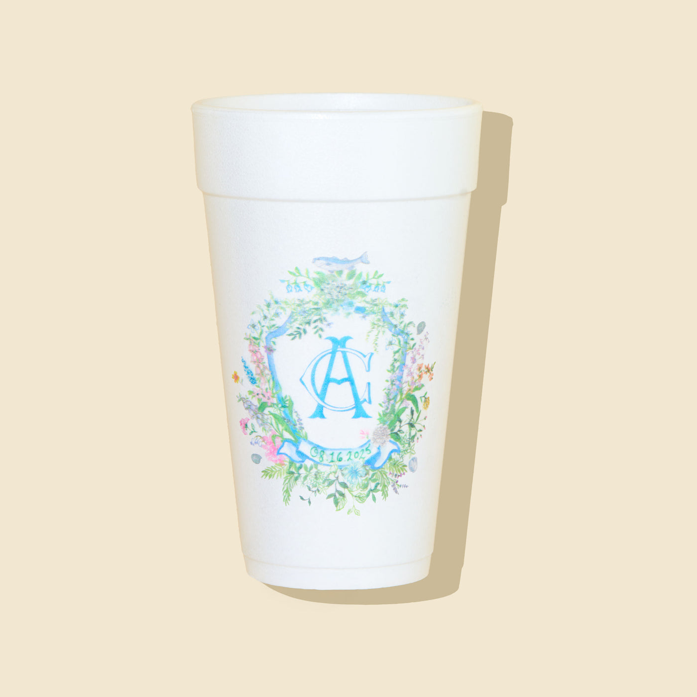 Watercolor Wedding Crest Custom Full Color Styrofoam Cups
