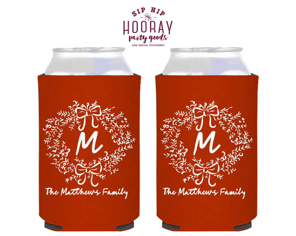 Last Name Initial Wreath  Christmas Foam Can Coolers