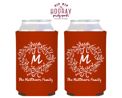 Last Name Initial Wreath  Christmas Foam Can Coolers