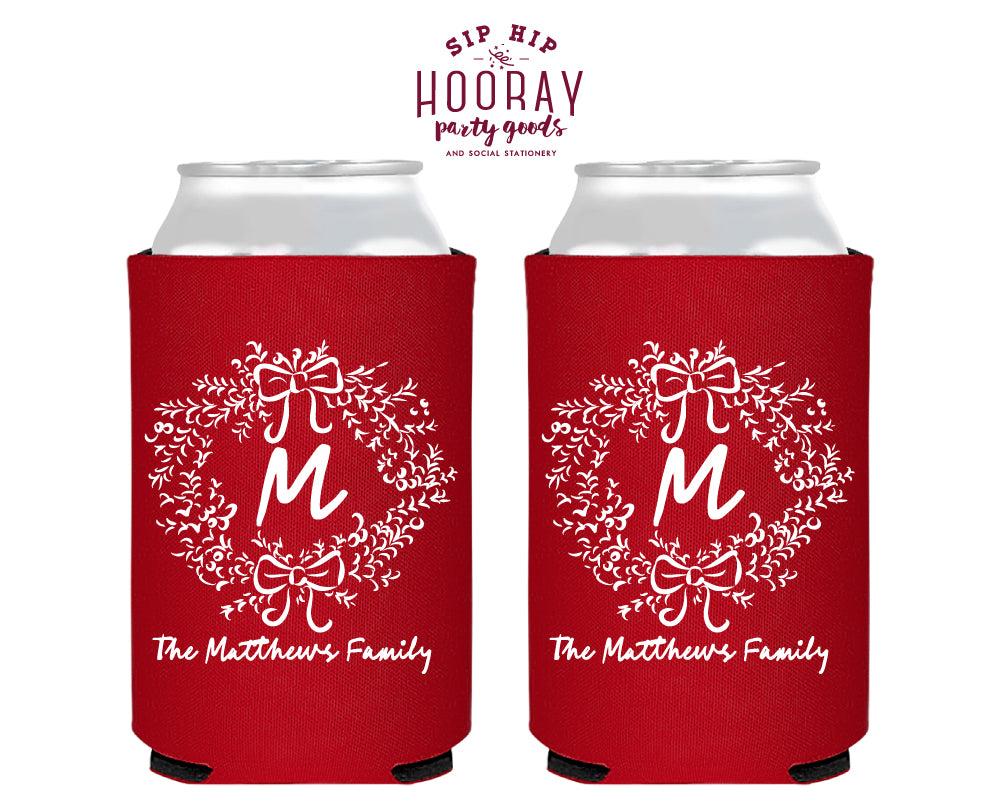 Last Name Initial Wreath  Christmas Foam Can Coolers