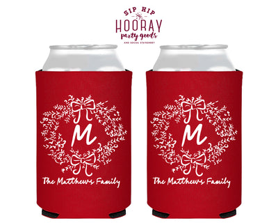 Last Name Initial Wreath  Christmas Foam Can Coolers