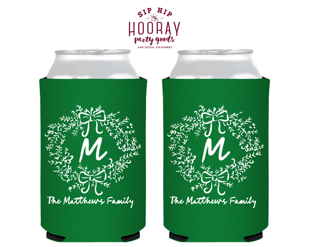 Last Name Initial Wreath  Christmas Foam Can Coolers