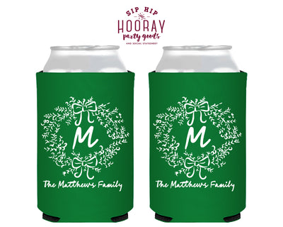 Last Name Initial Wreath  Christmas Foam Can Coolers