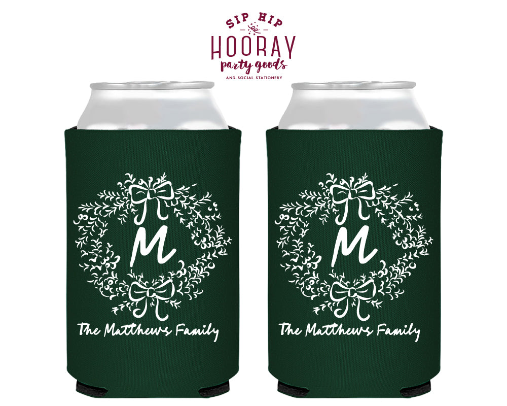 Last Name Initial Wreath  Christmas Foam Can Coolers