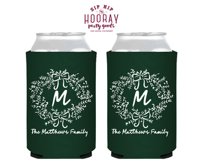 Last Name Initial Wreath  Christmas Foam Can Coolers