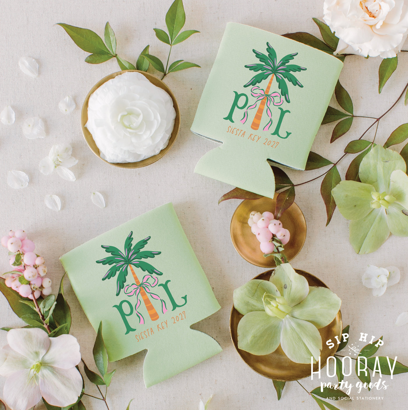 At Home Collection | Palm Tree Bow Full Color Can Coolers