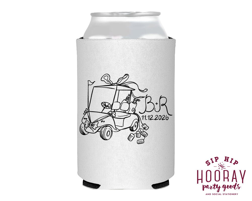 Hand Drawn Wedding Golf Cart Neoprene Can Coolers