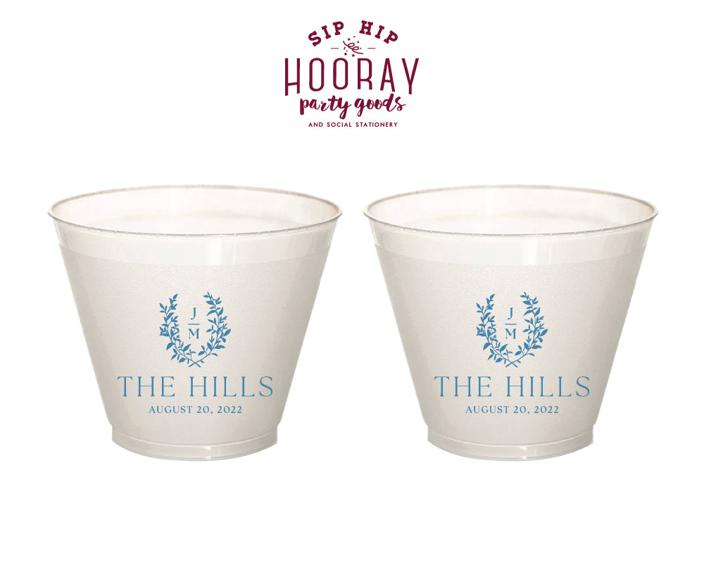 Last Name Laurel Crest Initials Wedding 9oz Frosted Cup, #3001