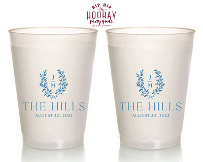 Last Name Laurel Crest Initials Wedding Frosted Cup, #3001