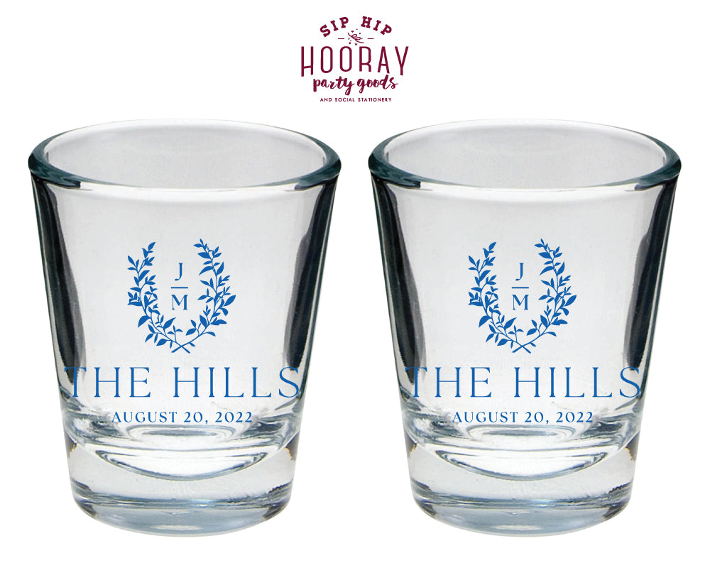 Last Name Laurel Crest Initials Wedding Shot Glass, #3001