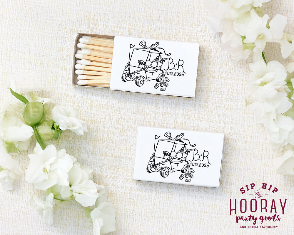 Hand Drawn Wedding Golf Cart Matchboxes