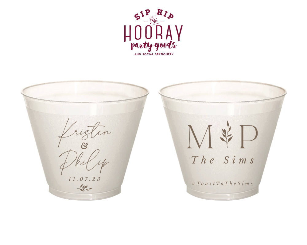Modern Wedding Monogram with Leaves 9oz Frosted Cups, #3010