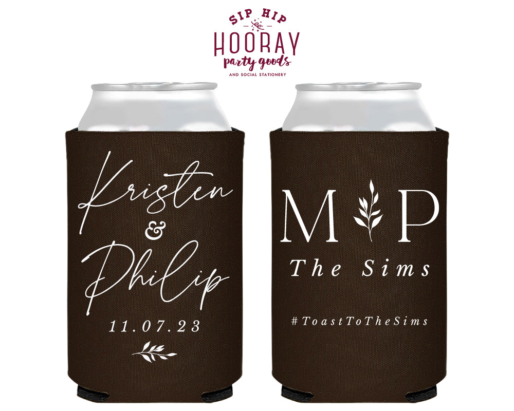 Modern Wedding Monogram with Leaves Can Cooler, #3010