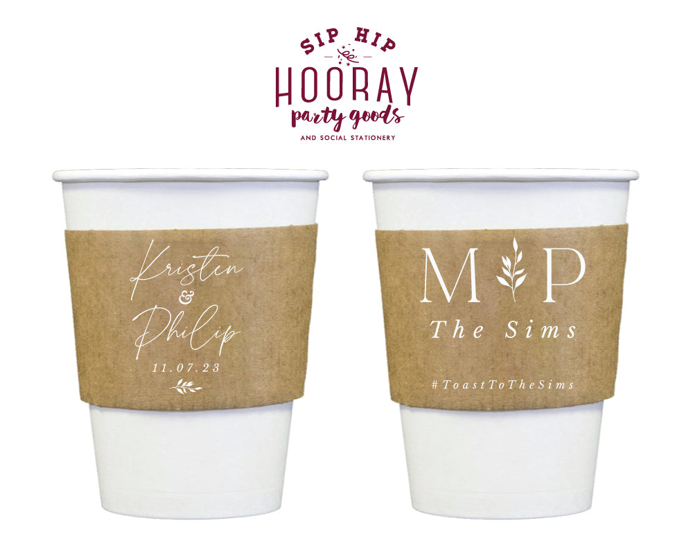 Modern Wedding Monogram with Leaves Coffee Cup Sleeve, #3010