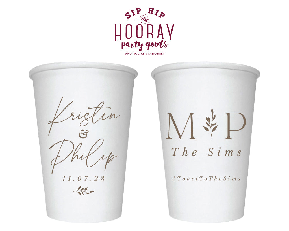 Modern Wedding Monogram with Leaves Coffee Cups, #3010