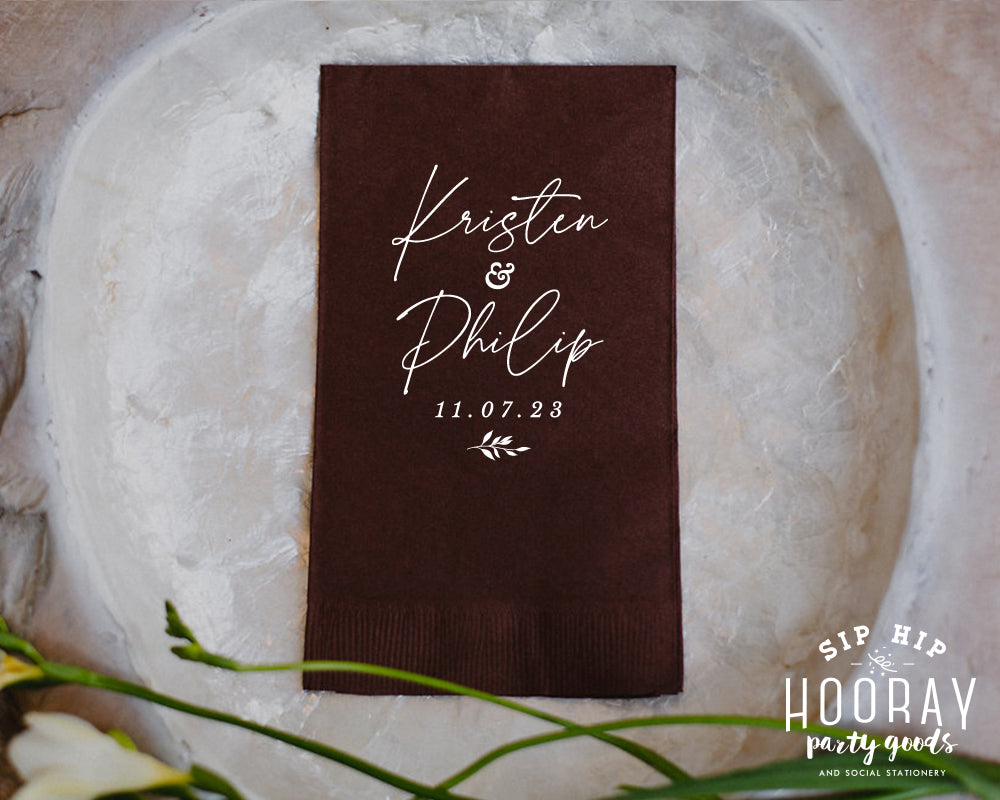 Modern Wedding Monogram with Leaves Guest Towel, #3010