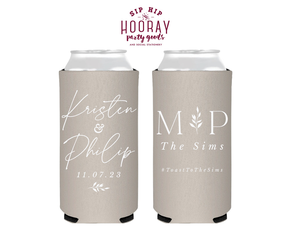 Modern Wedding Monogram with Leaves Slim Can Coolers, #3010