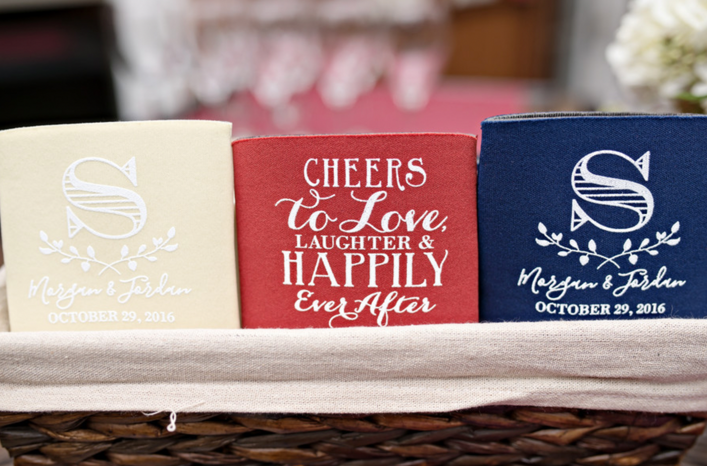 Monogram Cheers To Love Laughter and Happily Ever After Neoprene Wedding Can Coolers