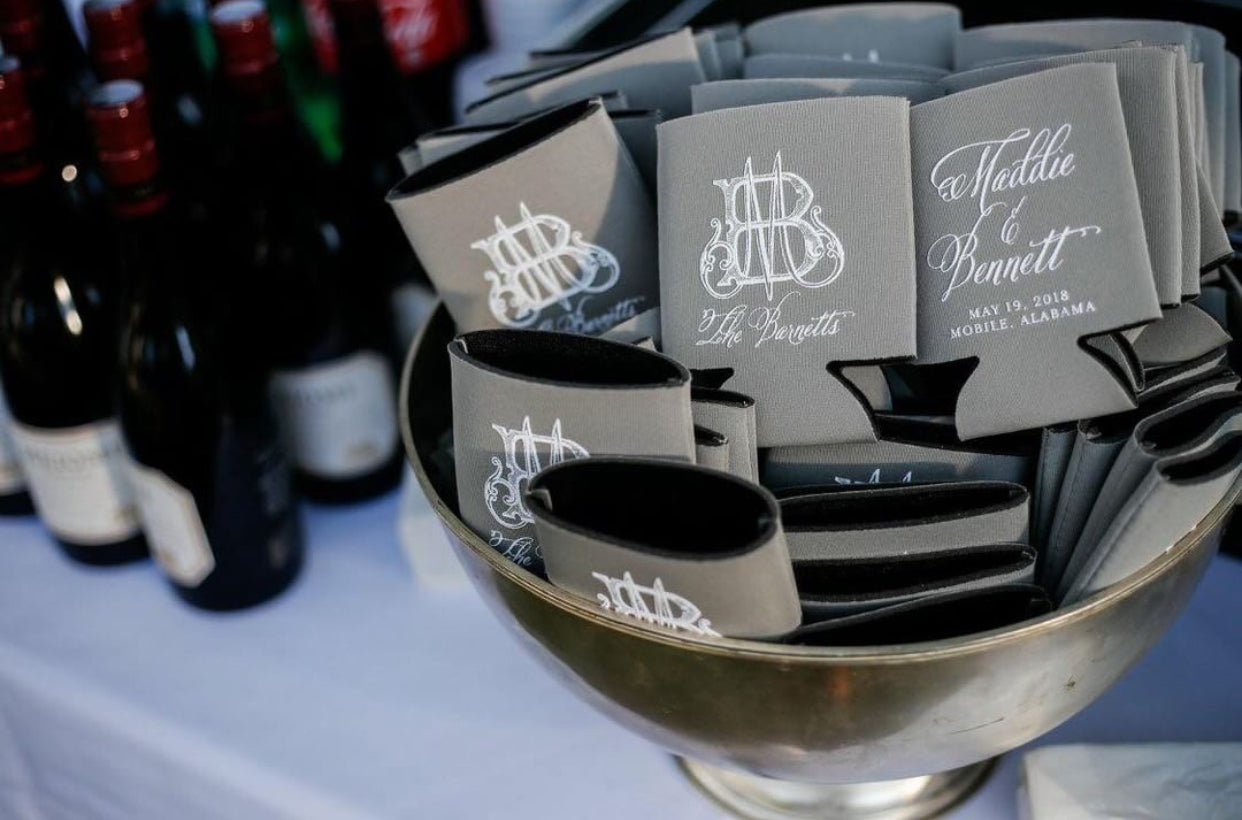 Monogram Formal Script Neoprene Wedding Can Coolers