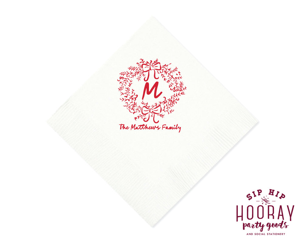 Last Name Initial Wreath Christmas Napkins
