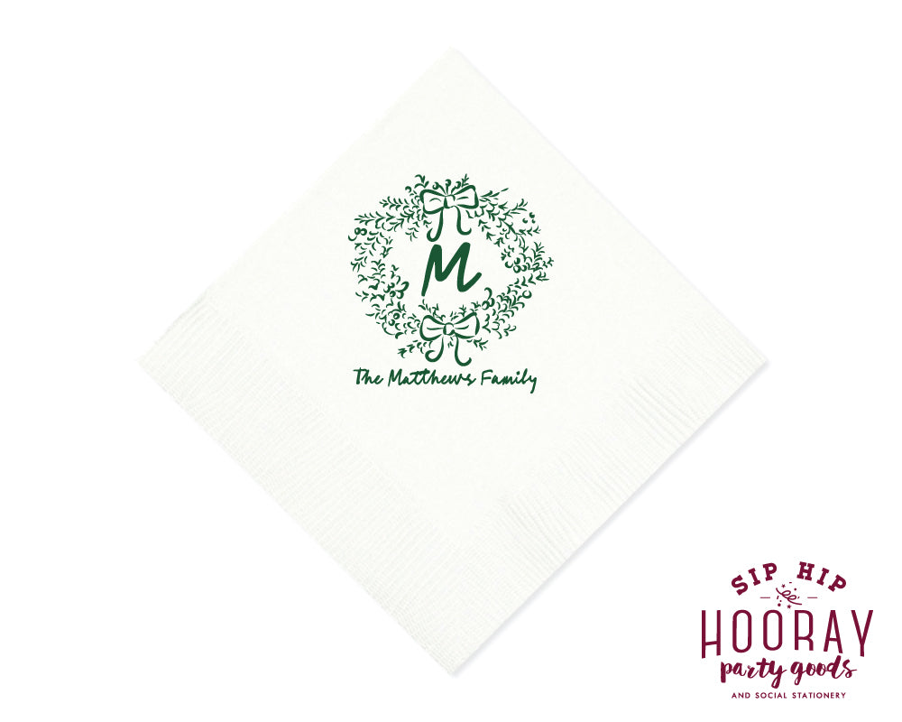 Last Name Initial Wreath Christmas Napkins