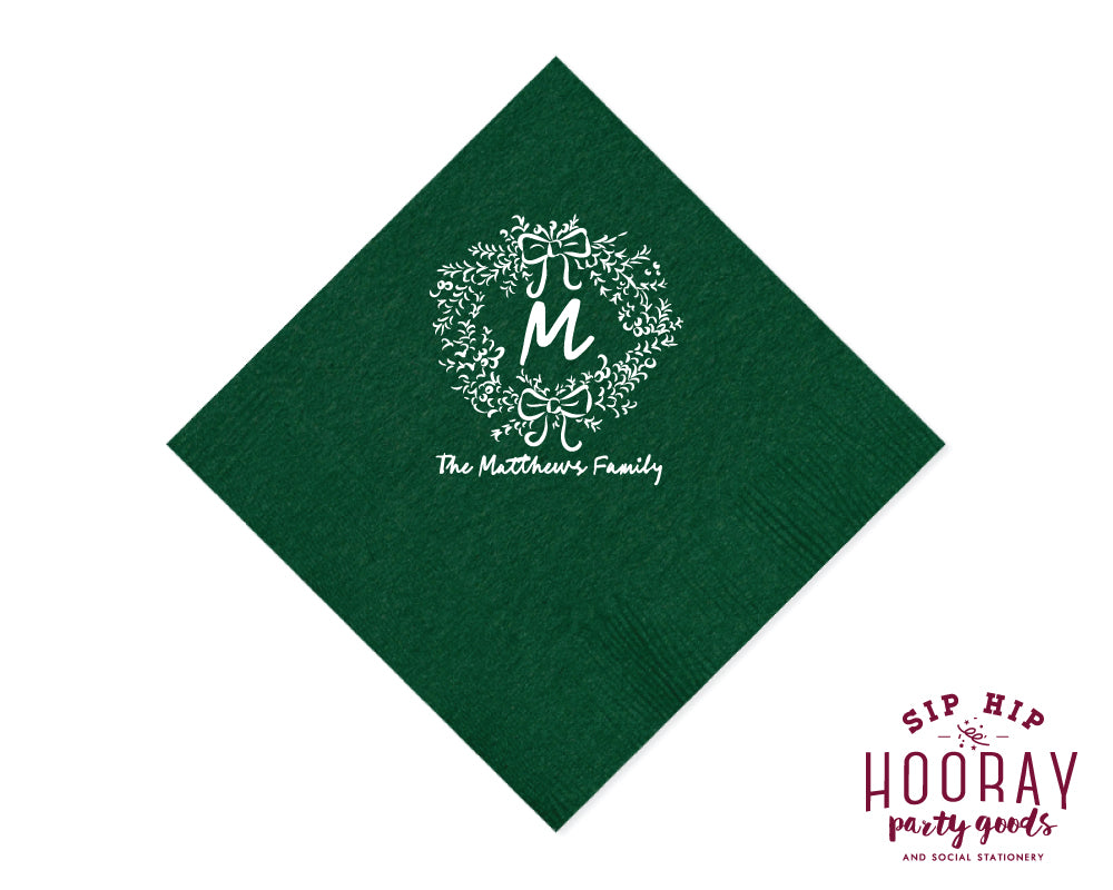 Last Name Initial Wreath Christmas Napkins