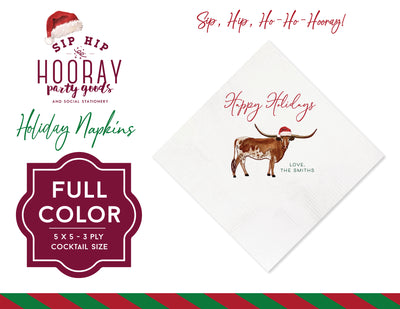 Santa Longhorn Happy Holidays Full Color Christmas Napkins