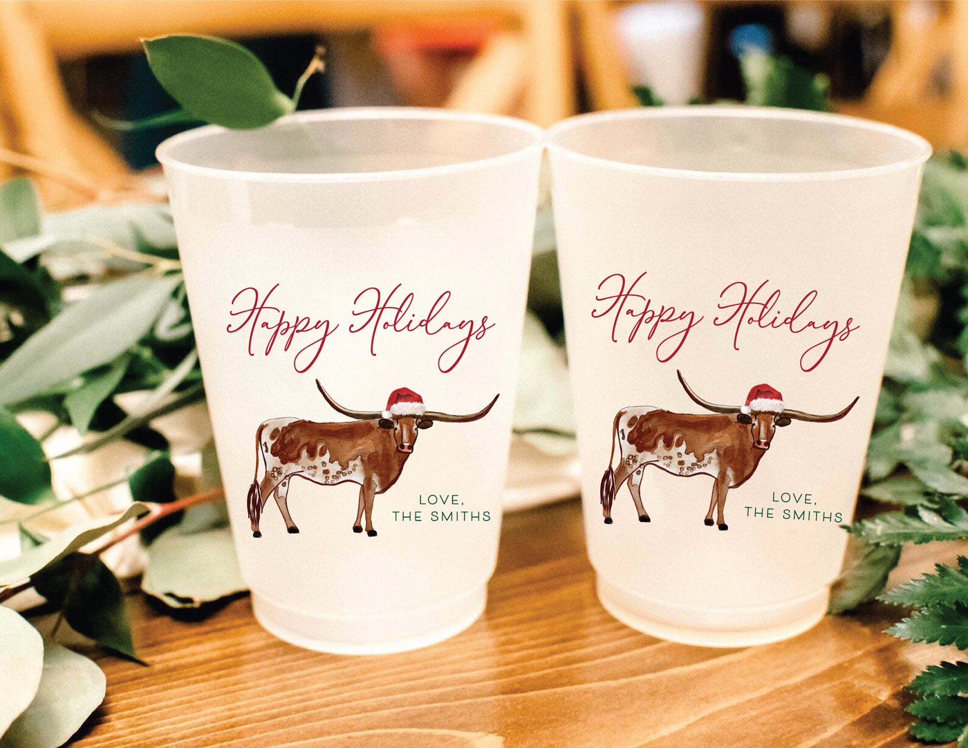 Happy Holidays Longhorn Full Color Frosted Cups