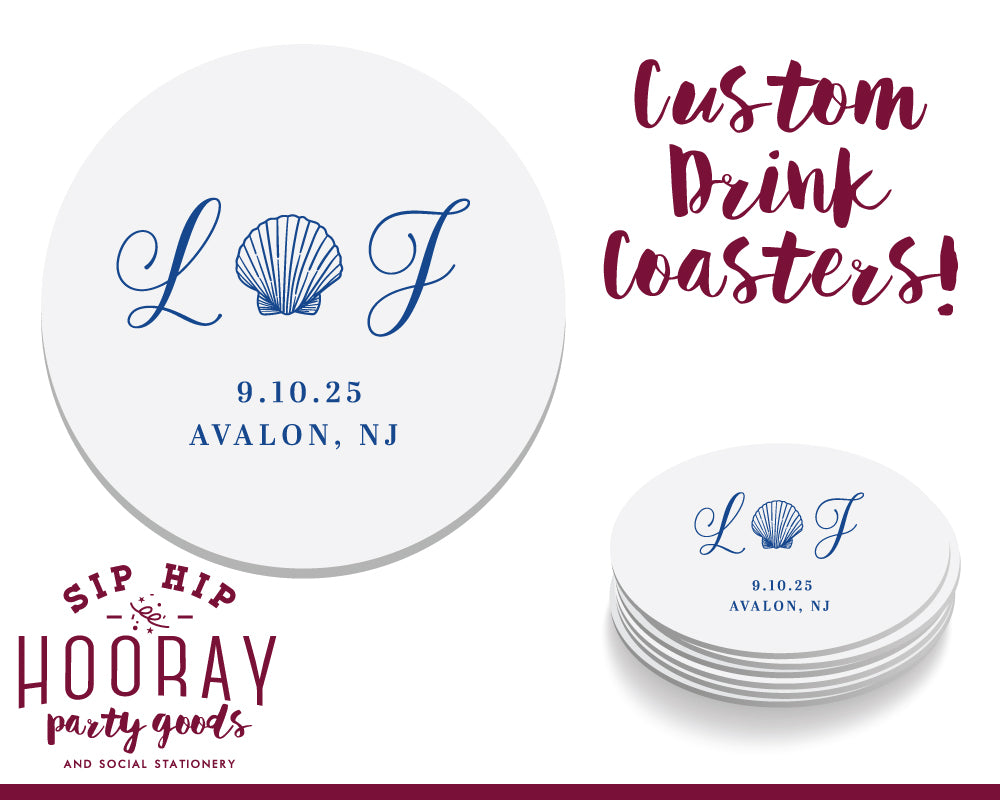 Seashell Beach Wedding Monogram Coaster, #3009