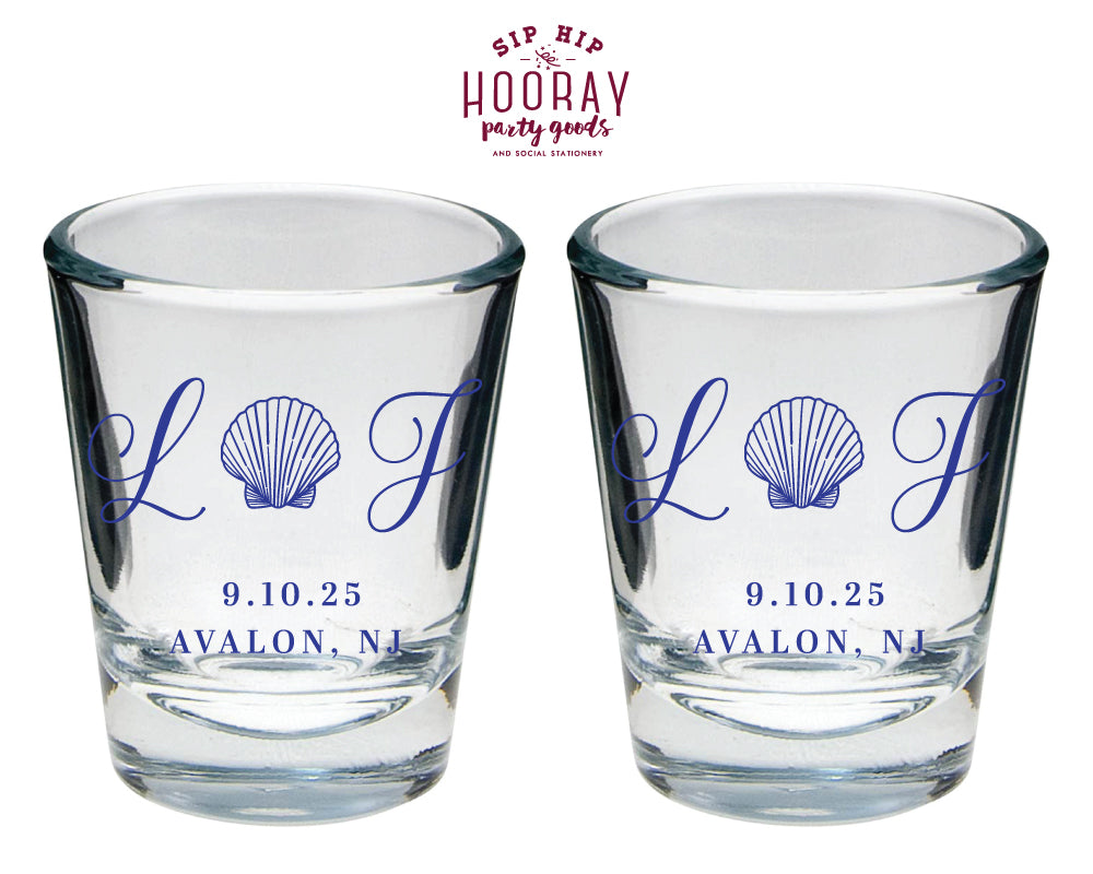 Seashell Beach Wedding Monogram Shot Glasses, #3009