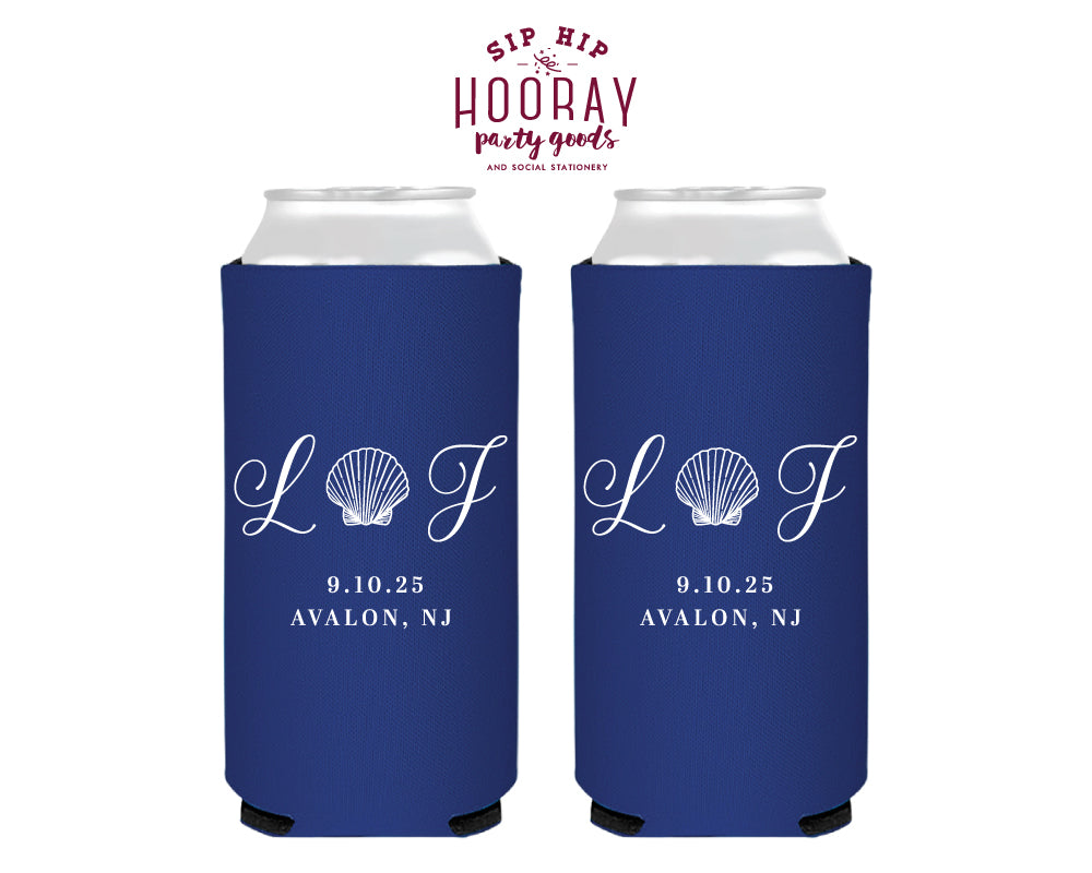 Seashell Beach Wedding Monogram Foam Slim Can Cooler, #3009