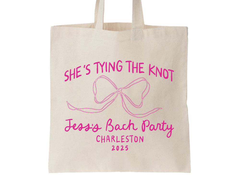 She's Tying The Knot Bow Bachelorette Party Tote Bags