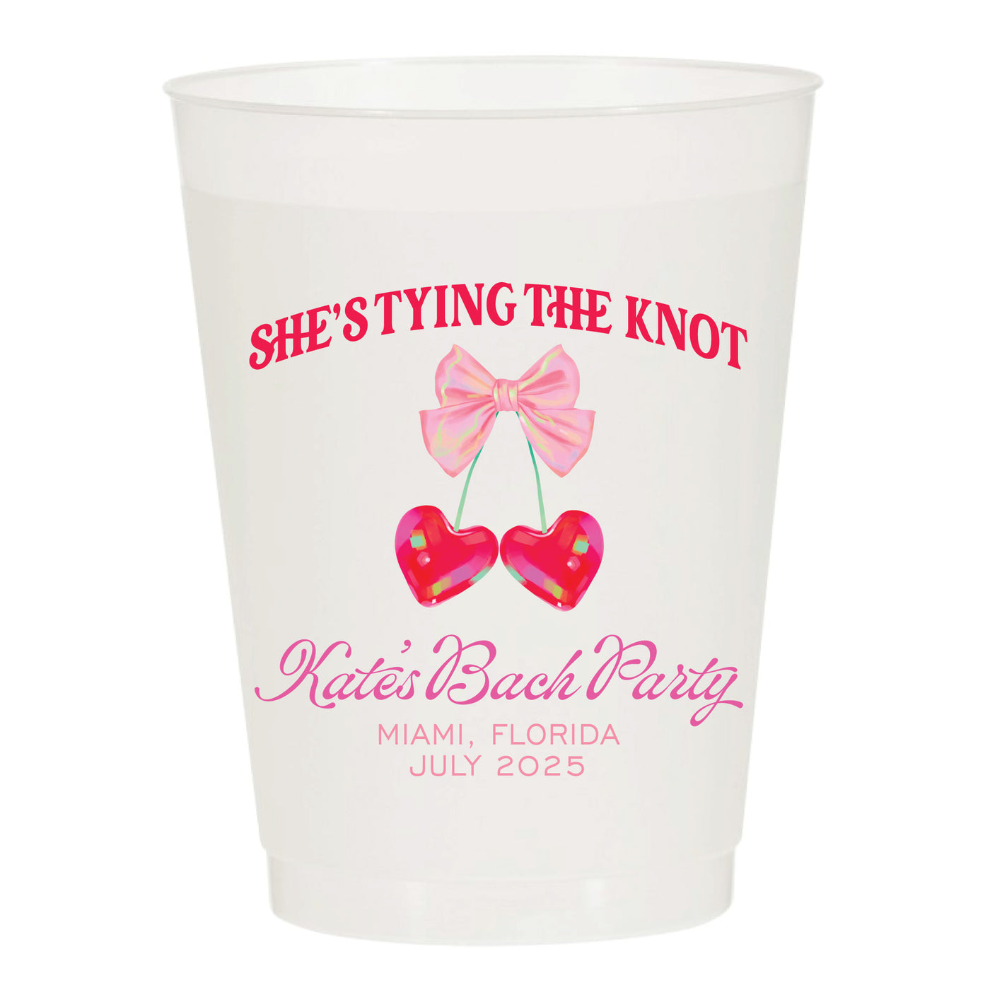 She's Tying The Knot Watercolor Cherry and Bow Bachelorette Frosted Full Color Printed Shatterproof Cups