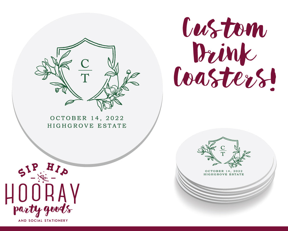 Simple Laurel Crest Initials Coasters, #3006