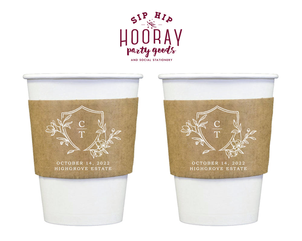 Simple Laurel Crest Initials Coffee Sleeves, #3006