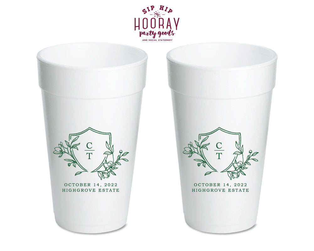 Simple Laurel Crest Initials Foam Cups, #3006