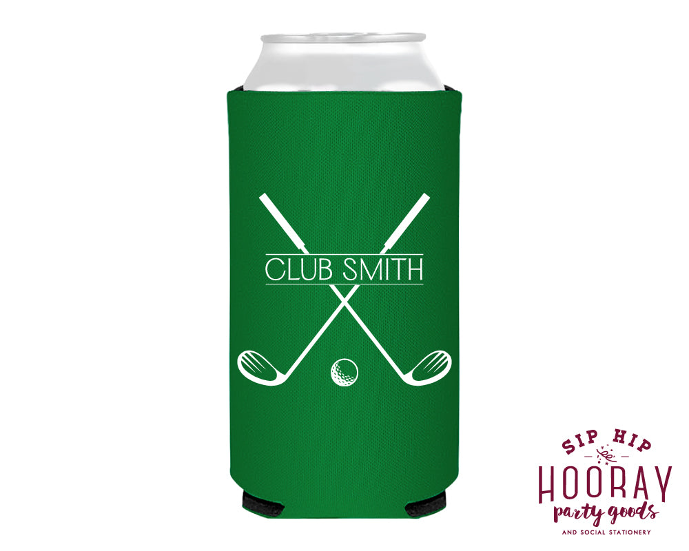 Last Name Golf Club Crest Slim Can Coolers