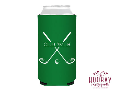 Last Name Golf Club Crest Slim Can Coolers
