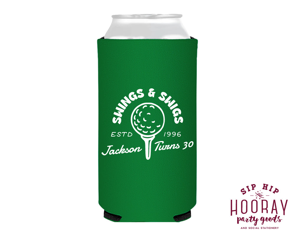 Custom Golf Birthday Swings & Swigs Slim Can Coolers