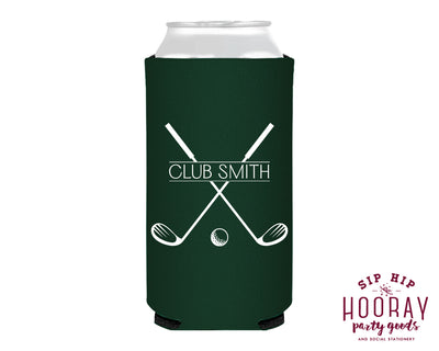 Last Name Golf Club Crest Slim Can Coolers